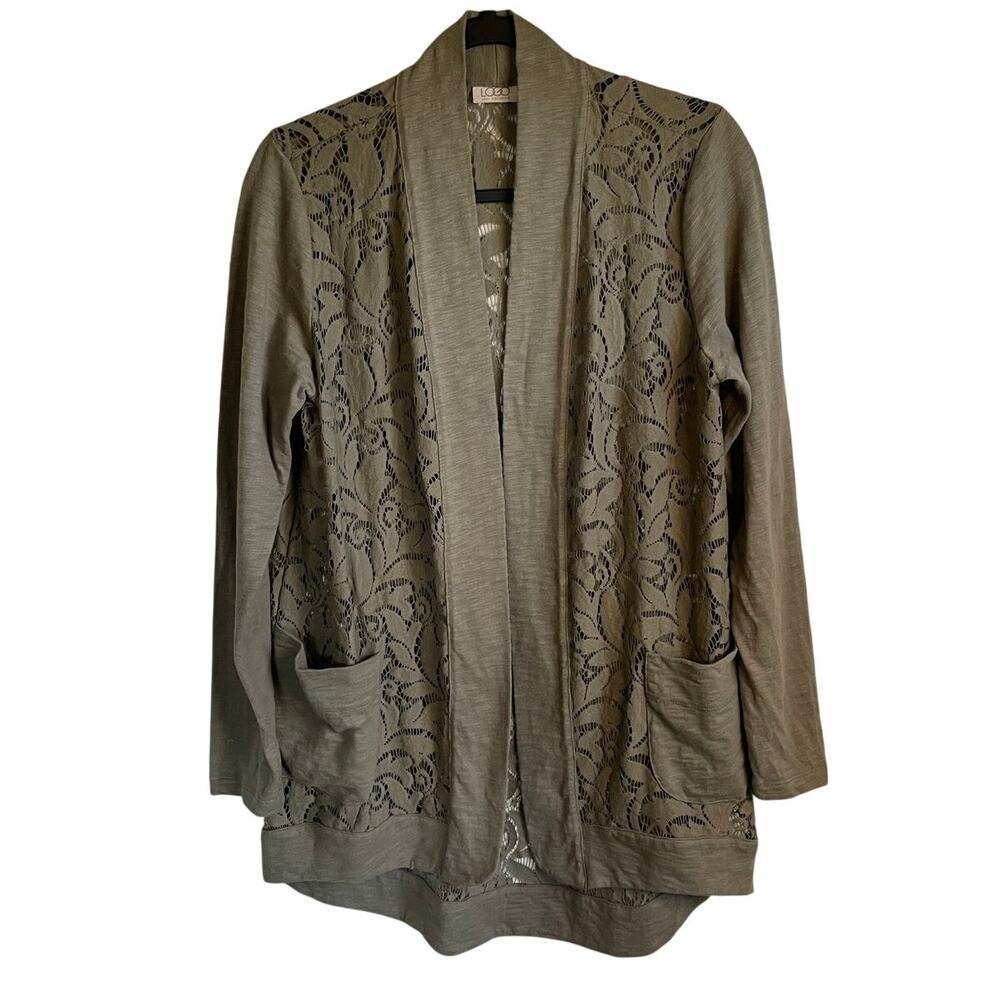 LOGO Lori Goldstein Womens M Olive Green Slub Knit Cardigan Crochet Lace Chic